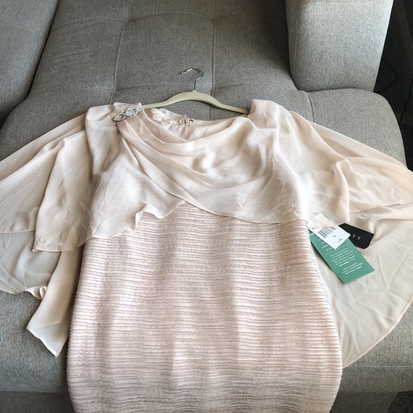 Scarlet sleeveless dress with attached shawl, champagne color with silver, sz 16 - Picture 3 of 11